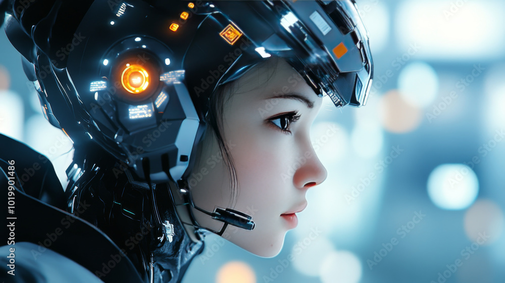 Poster a cyborg girl with an electronic brain is powered by artificial intelligence. this ai is trained usi
