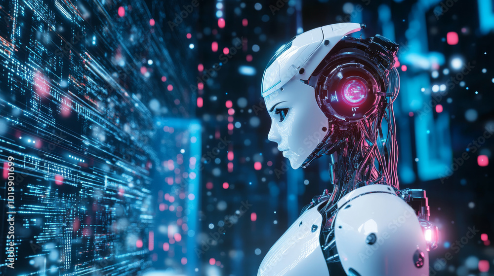Poster a robot with wires is connected to a stream of digital data. a beautiful female robot with artificia