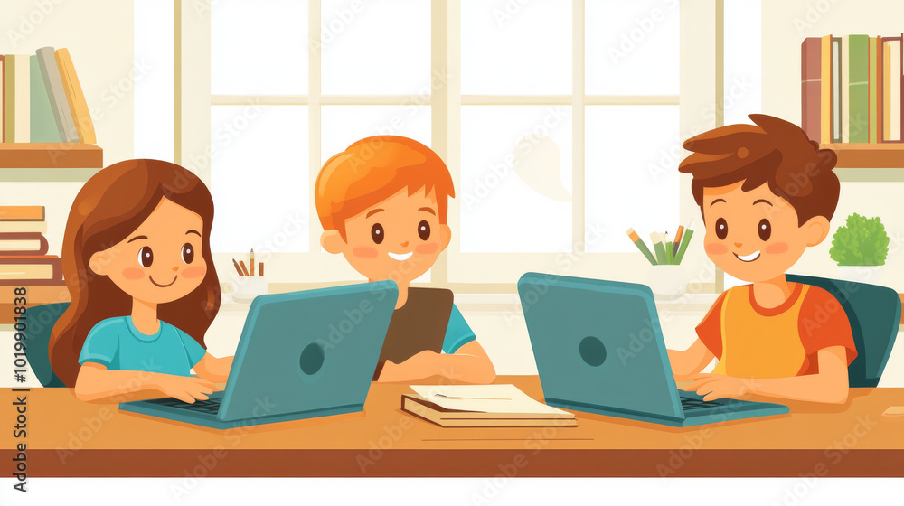Poster kids learning at home on their laptops using an online education platform. this technology allows st