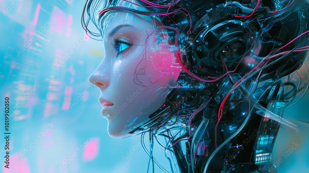 Poster a robot with wires is connected to a stream of digital data. a beautiful female robot with artificia