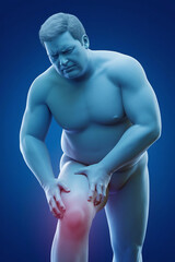 3D medical background with overweight male figure holding his knee in pain
