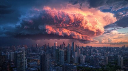 Obraz premium A thundercloud over a large city, with skyscrapers standing tall beneath the darkening sky.