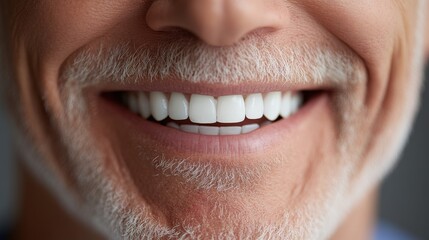 Smile of an elderly man with perfect white teeth, close-up