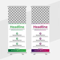 Creative business agency stands roll up banner design template layout, for exhibition with Two colors. abstract background, vertical, x-banner, display, rectangle size. Editable vector template