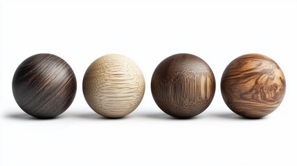 Four wooden spheres of different colors and wood grain patterns isolated on white background.