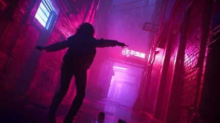 Obraz premium Telekinetic Performer Captivates in Gritty Neon Lit Urban Scene