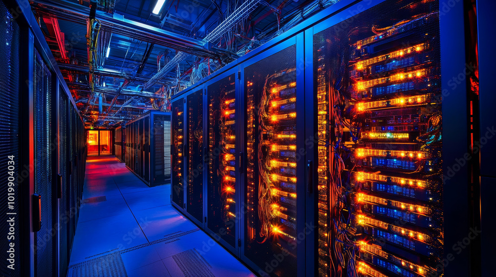 Poster inside a server room, rows of computers store and manage digital information. this data center uses 