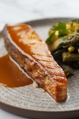 Delicious Salmon with Sauce, Broccoli, and Bean Side