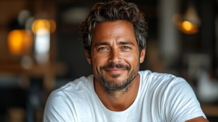 Obraz premium A man with a beard and a white shirt is smiling
