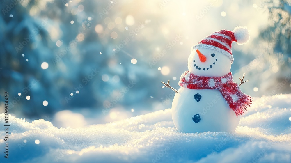 Poster panoramic view of a cheerful snowman in a serene winter landscape with ample copy space for text or 