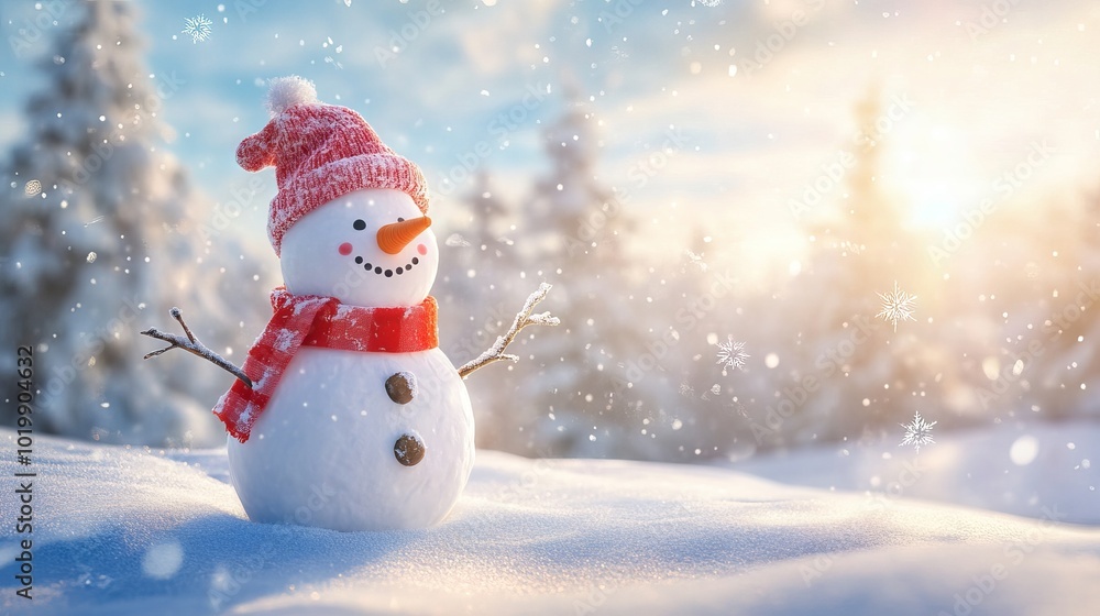 Poster panoramic view of a cheerful snowman in a serene winter landscape with ample copy space for text or 