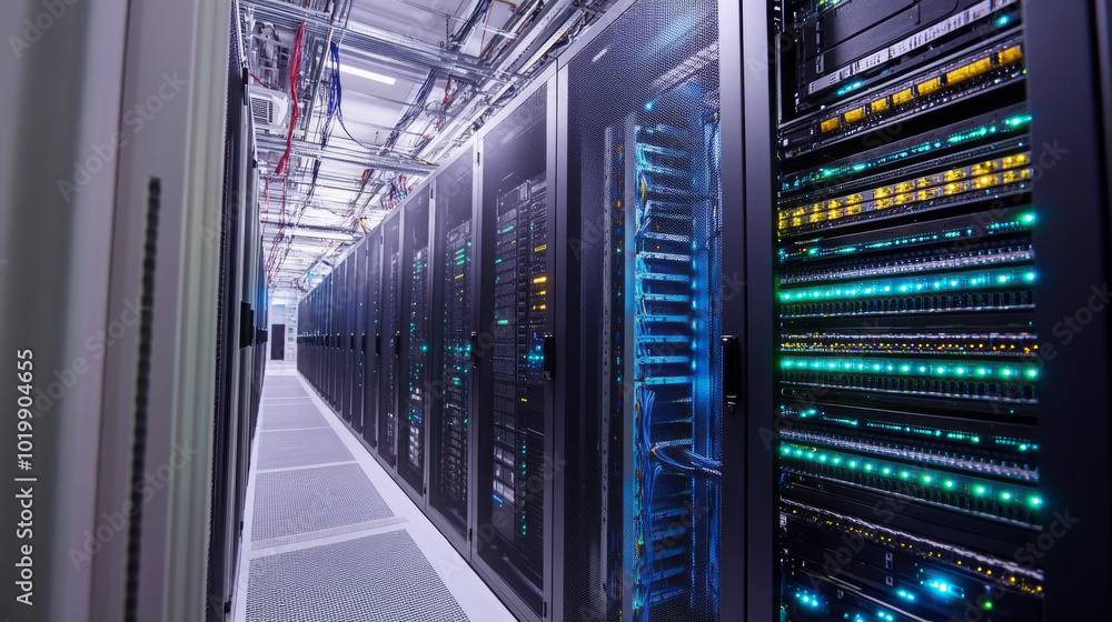 Poster inside a server room, rows of computers store and manage digital information. this data center uses 