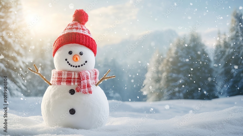 Poster panoramic view of a cheerful snowman in a serene winter landscape with ample copy space for text or 