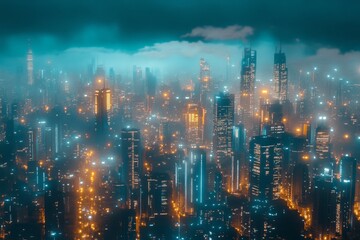 Fototapeta premium Stunning Futuristic Cityscape at Night with Neon City Lights and Dramatic Clouds