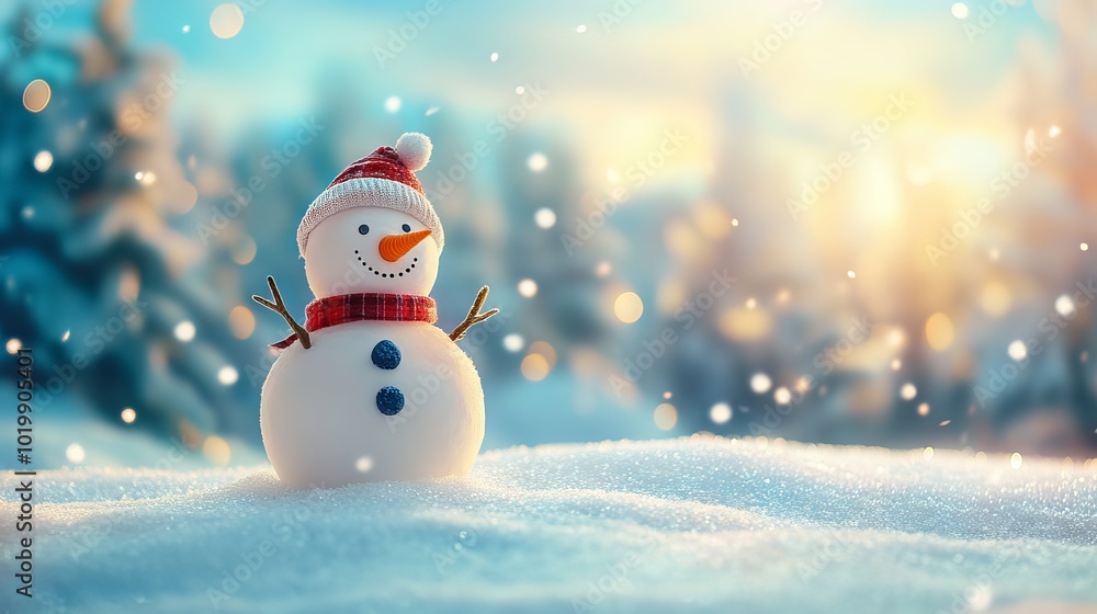 Poster panoramic view of a cheerful snowman in a serene winter landscape with ample copy space for text or 