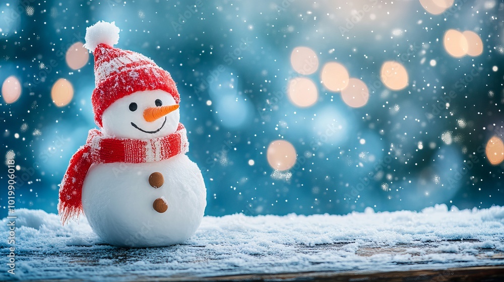 Poster panoramic view of a cheerful snowman in a serene winter landscape with ample copy space for text or 