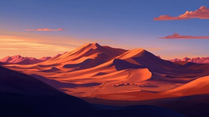 Naklejka premium A vast desert landscape at dusk, with the last rays of sun illuminating the sandy dunes.