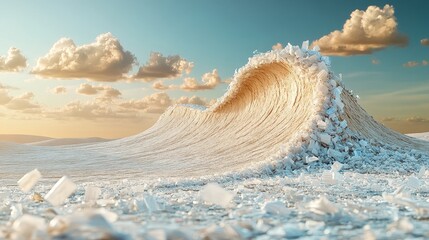 A desert dune shaped like a plastic wave, close-up, pieces of trash scattered, plastic bags fluttering in the wind, powerful environmental message, 3D rendering, soft golden light