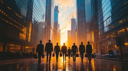 Obraz premium A group of business professionals walking down a bustling city street, briefcases in hand, modern skyscrapers towering above them, energy and movement in every step