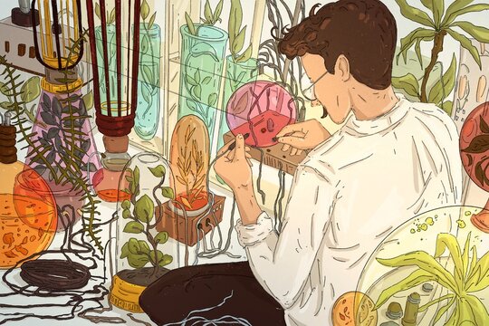 A scientist in a laboratory among plants and equipment