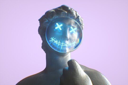 Ancient Statue in Vaporwave Synthwave Style with neon lights mask.
