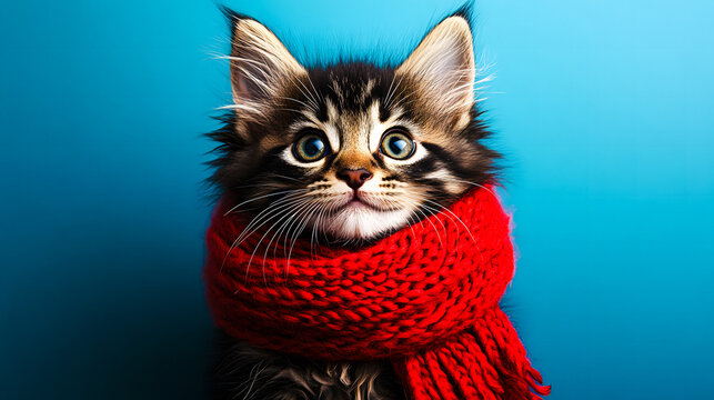 Chaton portant une &eacute;charpe rouge