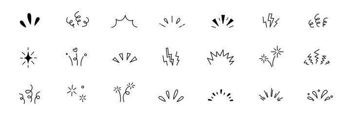 Line confetti exclamation icon elements. Hand drawn confetti explosion burst ray shine line icon illustration. Spark exclamation emphasis ray twinkle starburst decoration. Vector illustration.
