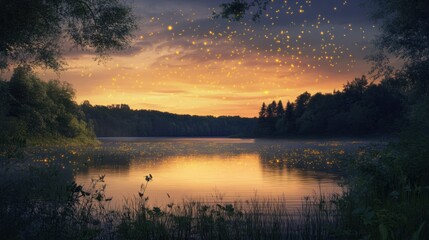 Obraz premium A warm summer evening with fireflies glowing in the twilight sky above a tranquil lake.