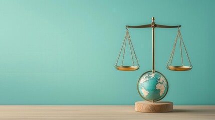 Justice scales balanced with a globe, global equality, flat design illustration