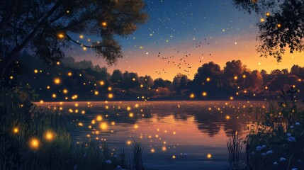 Obraz premium A warm summer evening with fireflies glowing in the twilight sky above a tranquil lake.