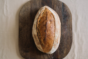 Homemade bread on wooden board with rustic presentation