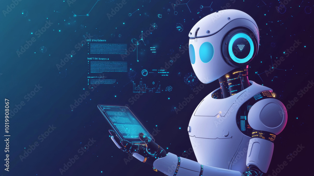 Poster an ai chatbot, like a robot or cyborg, can talk to you through messaging apps. it's like having a he