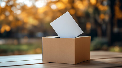 A focused hand places a voting ballot into a ballot box, symbolizing civic duty and participation in democracy, set against a blurred background that emphasizes the importance of the act
