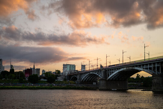 Sunset over Warsaw city and Vistula river, Vistula waterfront 