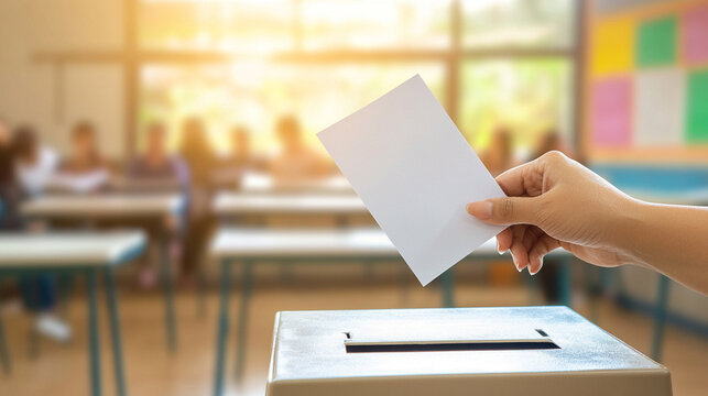 A focused hand places a voting ballot into a ballot box, symbolizing civic duty and participation in democracy, set against a blurred background that emphasizes the importance of the act