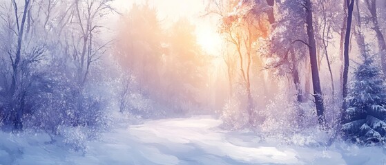 Panoramic winter forest landscape with sunlight: bright and serene nature scene in snowy woods