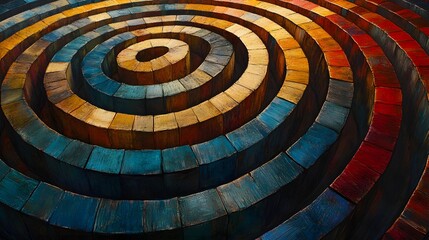 High-angle abstract illustration of a wooden labyrinth, featuring sharp lines and colorful paths in shades of blue, red, and yellow, creating depth and movement