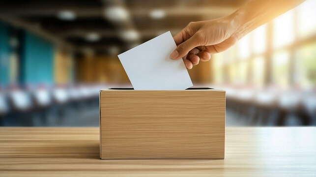 A focused hand places a voting ballot into a ballot box, symbolizing civic duty and participation in democracy, set against a blurred background that emphasizes the importance of the act