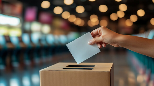 A focused hand places a voting ballot into a ballot box, symbolizing civic duty and participation in democracy, set against a blurred background that emphasizes the importance of the act