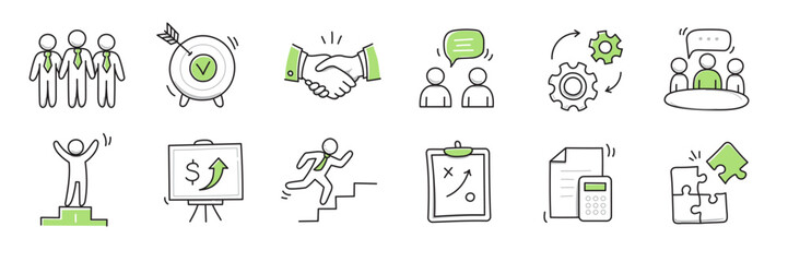 Hand drawn icon sketch business office career set. Doodle hand drawn business office target, finance group work, career teamwork strategy. Target, puzzle, chart element. Vector illustration.