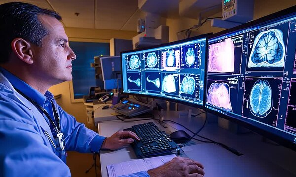 Radiologist examining brain and chest scans on monitors with ai generated.
