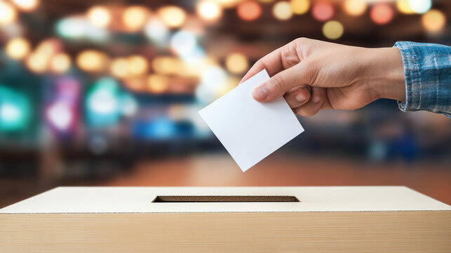 A focused hand places a voting ballot into a ballot box, symbolizing civic duty and participation in democracy, set against a blurred background that emphasizes the importance of the act