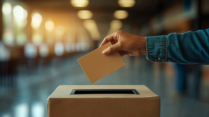 A focused hand places a voting ballot into a ballot box, symbolizing civic duty and participation in democracy, set against a blurred background that emphasizes the importance of the act