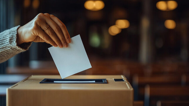 A focused hand places a voting ballot into a ballot box, symbolizing civic duty and participation in democracy, set against a blurred background that emphasizes the importance of the act