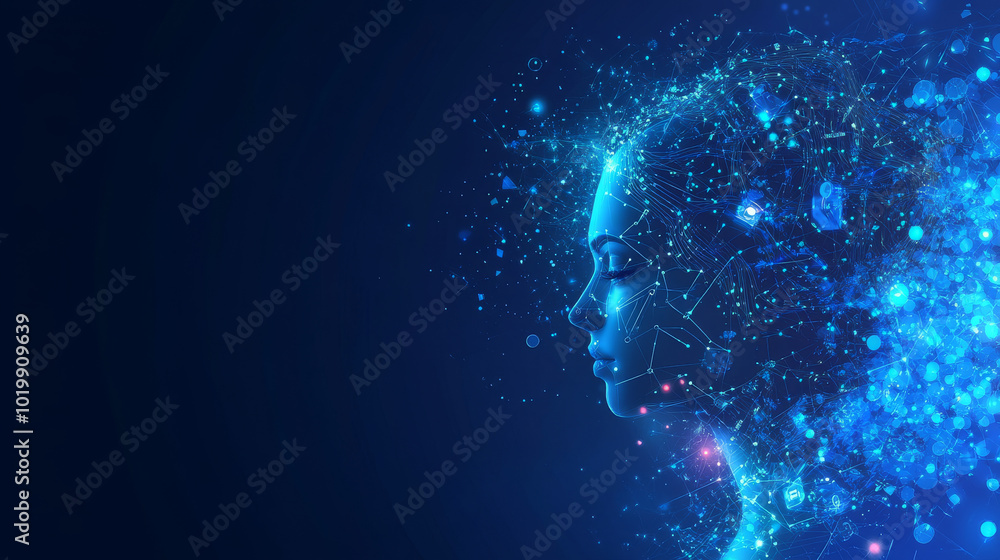 Poster wise woman represents artificial intelligence in a futuristic, blue banner. ai uses cybernetics to a