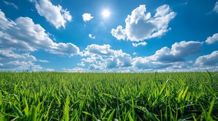 A vast green field stretches under a clear blue sky with fluffy white clouds and a bright sun.