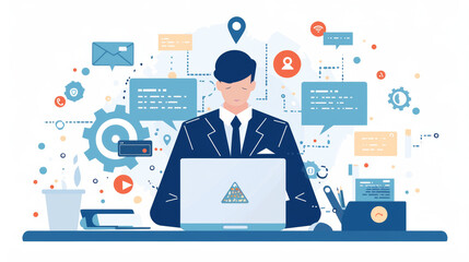 Illustration of a businessman at a desk using digital tools to manage tasks, communicate, and analyze data with icons representing various functions.
