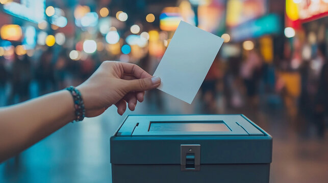 A focused hand places a voting ballot into a ballot box, symbolizing civic duty and participation in democracy, set against a blurred background that emphasizes the importance of the act