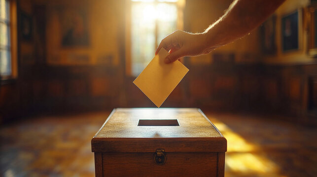 A focused hand places a voting ballot into a ballot box, symbolizing civic duty and participation in democracy, set against a blurred background that emphasizes the importance of the act