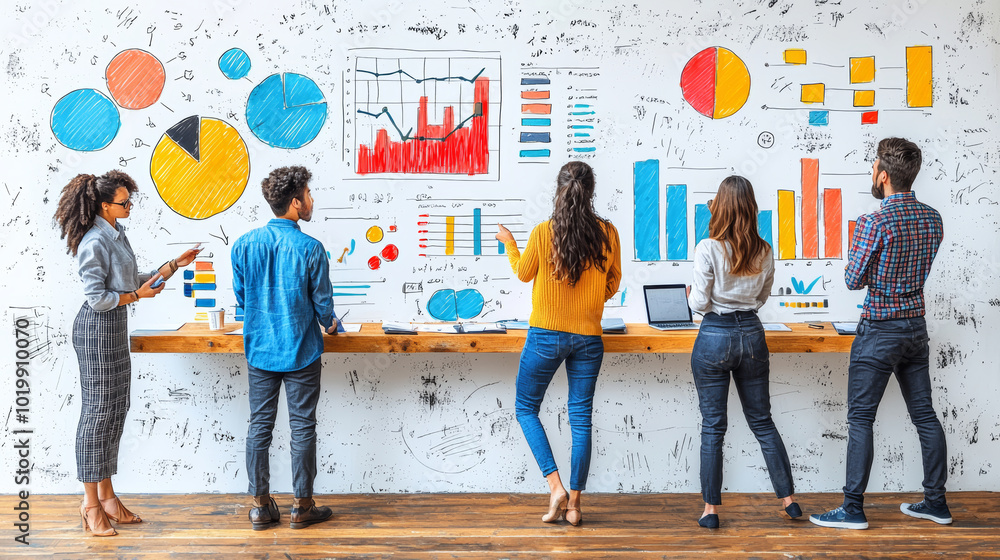 Poster a team of five adults analyzes and discusses various colorful business charts and graphs on a large 